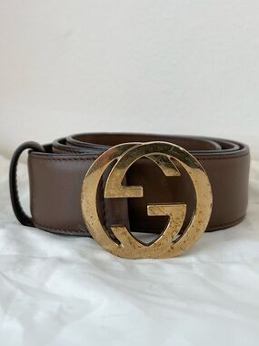 Gucci Brown Leather Belt with Gold Double GG Buckle